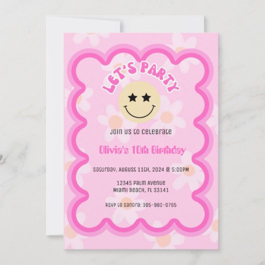 ピンク名門私立校風のデイジーY2Kハッピー顔パーティー誕生日 招待状 (正面)