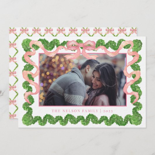 ピンク名門私立校風のトピアリーガーデンクリスマスフォト シーズンカード (正面/裏面)