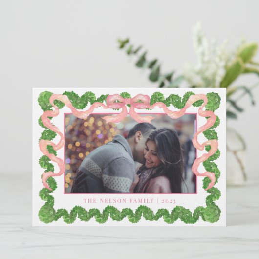 ピンク名門私立校風のトピアリーガーデンクリスマスフォト シーズンカード (スタンド正面)