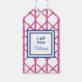 ピンク名門私立校風のネイビートレリス竹パターンカスタム ギフトタグ