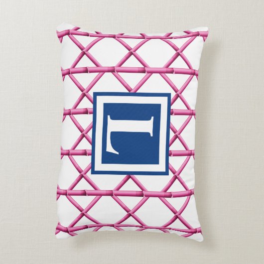 ピンク名門私立校風のネイビートレリス竹パターンモノグラム アクセントクッション (裏面(縦))