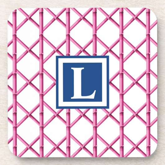 ピンク名門私立校風のネイビートレリス竹パターンモノグラム コースター (正面)