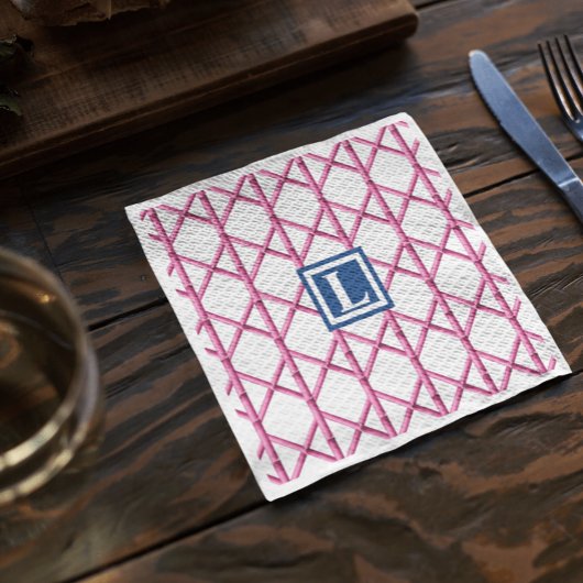 ピンク名門私立校風のネイビートレリス竹パターンモノグラム スタンダードカクテルナプキン