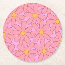 ピンク名門私立校風のパープルフローラシンプル花柄 ラウンドペーパーコースター