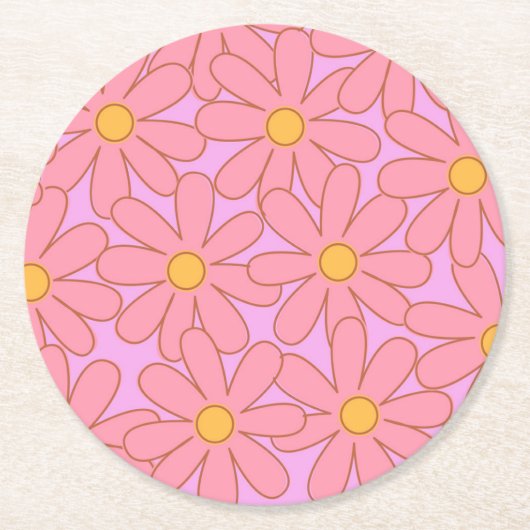 ピンク名門私立校風のパープルフローラシンプル花柄 ラウンドペーパーコースター (正面)
