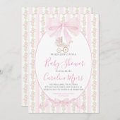 ピンク名門私立校風のフローラコケットベビーガールキャリッジ 招待状 (正面/裏面)