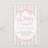 ピンク名門私立校風のフローラコケット弓ベビーガール 招待状 (正面/裏面)