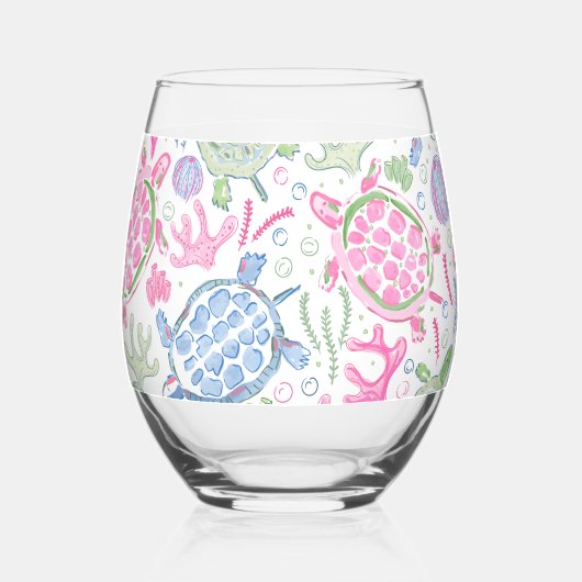 ピンク名門私立校風のブルーウミガメ ステムなしワイングラス (正面)