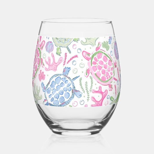 ピンク名門私立校風のブルーウミガメ ステムなしワイングラス (裏面)