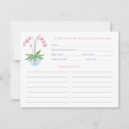 ピンク名門私立校風のブルーオーキッドブライダルシャワーレシピカード 招待状 (正面)