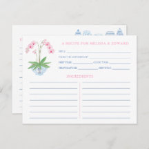 ピンク名門私立校風のブルーオーキッドブライダルシャワーレシピカード