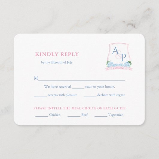 ピンク名門私立校風のブルー結婚のクレスト食事の選択RSVP エンクロージャーカード (正面)