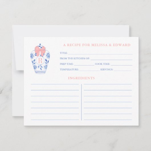 ピンク名門私立校風のホワイトブルーモノグラムシャワーレシピカード 招待状 (正面)