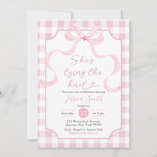 ピンク名門私立校風の彼女は結び目のブライダルシャワー 招待状 (正面)