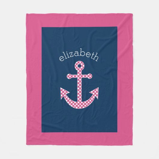 ピンク名門私立校風の水玉模様いかりとネイビー名前をカスタムする フリースブランケット (正面)