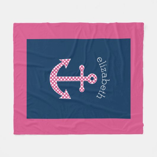 ピンク名門私立校風の水玉模様いかりとネイビー名前をカスタムする フリースブランケット (正面(横))