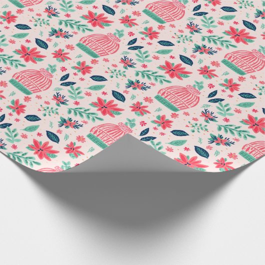 ピンク名門私立校風の&グリーンクリスマススキーキャップ ラッピングペーパー (角)