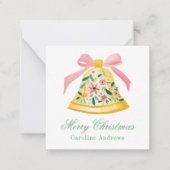 ピンク名門私立校風の&グリーンクリスマスベルギフトエンクロージャー ノートカード (正面)