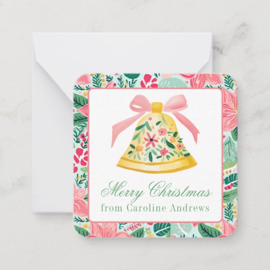 ピンク名門私立校風の&グリーンクリスマスベルギフトエンクロージャー ノートカード (正面)