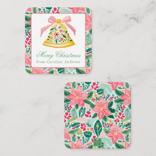 ピンク名門私立校風の&グリーンクリスマスベルギフトエンクロージャー ノートカード (正面/裏面)