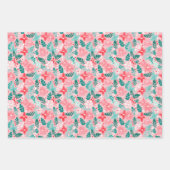 ピンク名門私立校風の&グリーンクリスマスポインセチア&ボウ ラッピングペーパーシート (正面3)