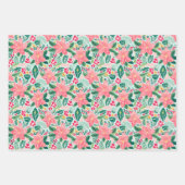 ピンク名門私立校風の&グリーンクリスマスポインセチア&ボウ ラッピングペーパーシート (正面2)