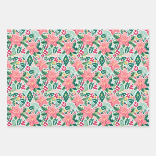 ピンク名門私立校風の&グリーンクリスマスポインセチア&ボウ ラッピングペーパーシート (正面2)