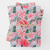 ピンク名門私立校風の&グリーンクリスマスポインセチア&ボウ ラッピングペーパーシート (インサイチュ)