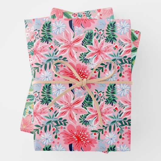 ピンク名門私立校風の&グリーンクリスマスポインセチア&ボウ ラッピングペーパーシート (インサイチュ)