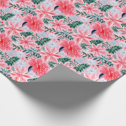 ピンク名門私立校風の&グリーンクリスマスポインセティアス ラッピングペーパー (角)