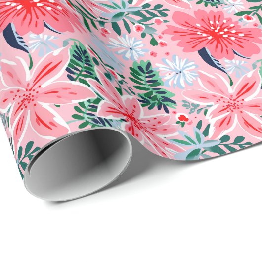 ピンク名門私立校風の&グリーンクリスマスポインセティアス ラッピングペーパー (ロールコーナー)