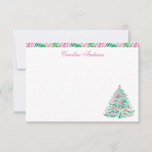 ピンク名門私立校風の&グリーンパームビーチクリスマスツリー サンキューカード (正面)