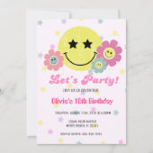 ピンク名門私立校風のY2Kレトロハッピー顔パーティー誕生日 招待状 (正面)