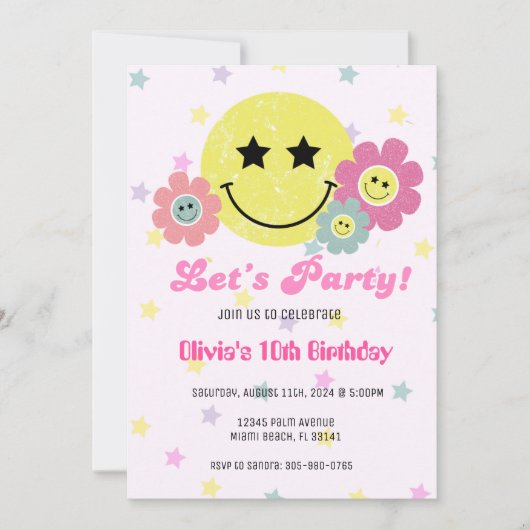 ピンク名門私立校風のY2Kレトロハッピー顔パーティー誕生日 招待状 (正面)