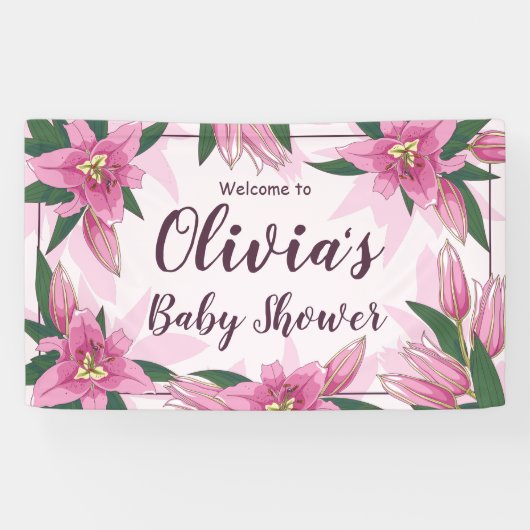 ピンク咲きユリーベビーシャワー招待状 横断幕 (横)