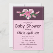 ピンク咲きユリ甘いハート赤ちゃんシャワー 招待状 (正面)