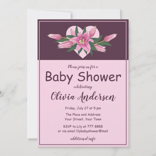 ピンク咲きユリ甘いハート赤ちゃんシャワー 招待状 (正面)