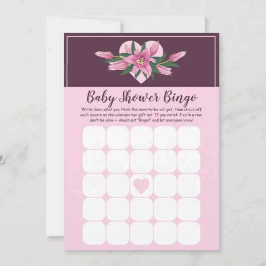 ピンク咲きユリ赤ちゃんシャワービンゴゲームカード 招待状 (正面)