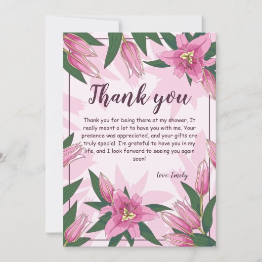 ピンク咲きユリ赤ちゃんシャワー/誕生日 サンキューカード (正面)