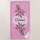ピンク咲きユリ ビーチタオル (正面)