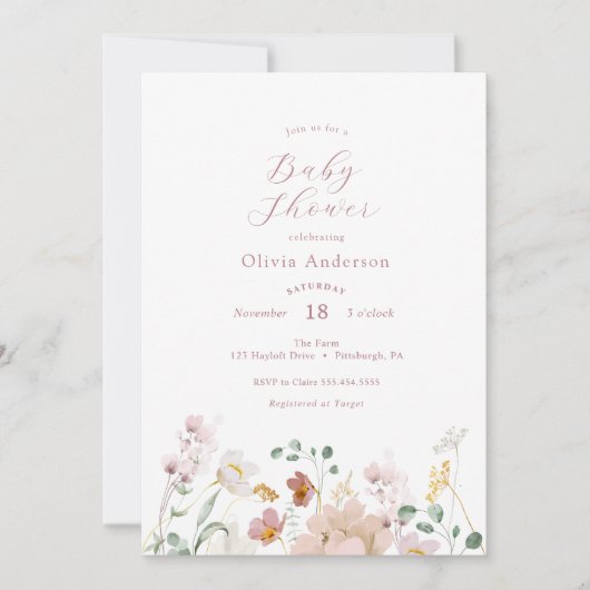 ピンク咲き花赤ちゃんシャワー招待状 招待状 (正面)