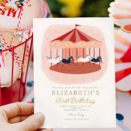 ピンク回転木馬カーニバルサーカスファースト誕生日 招待状