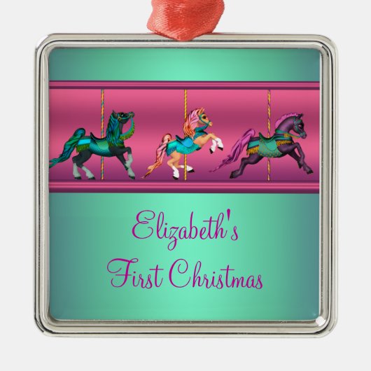ピンク回転木馬ティール（緑がかった色）&パープルベビーのフリストクリスマス メタルオーナメント (正面)