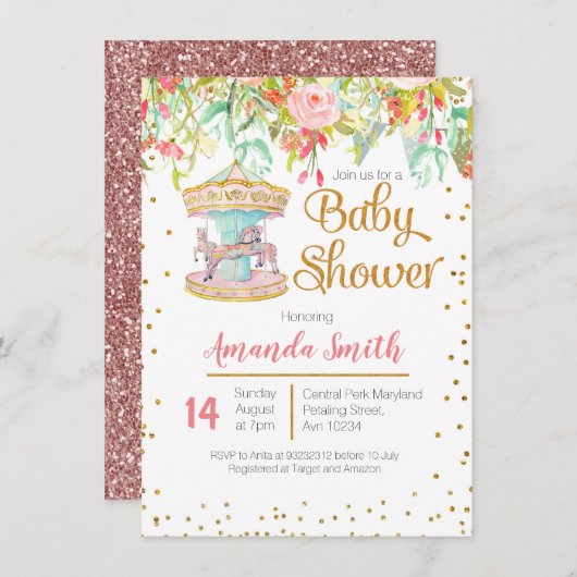 ピンク回転木馬ホースベビーシャワーカード 招待状 (正面/裏面)