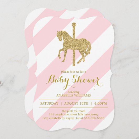ピンク回転木馬ホースベビーシャワー 招待状 (正面/裏面)