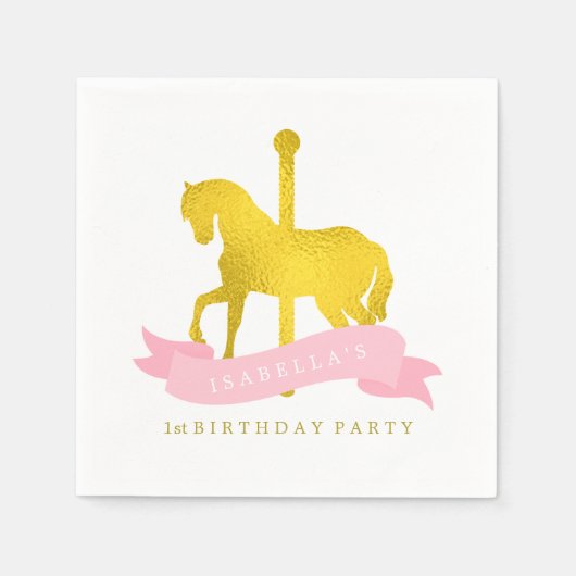 ピンク回転木馬馬の誕生日パーティー スタンダードカクテルナプキン (正面)