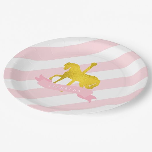 ピンク回転木馬馬の誕生日パーティー ペーパープレート (アングル)