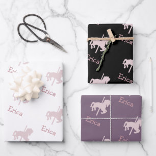 ピンク回転木馬馬パターンガールネーム誕生日 ラッピングペーパーシート