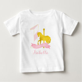 ピンク回転木馬馬誕生日ガール ベビーTシャツ