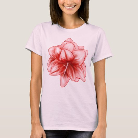 ピンク図解入りの、写真付きのと白のアマリリス Tシャツ (正面)